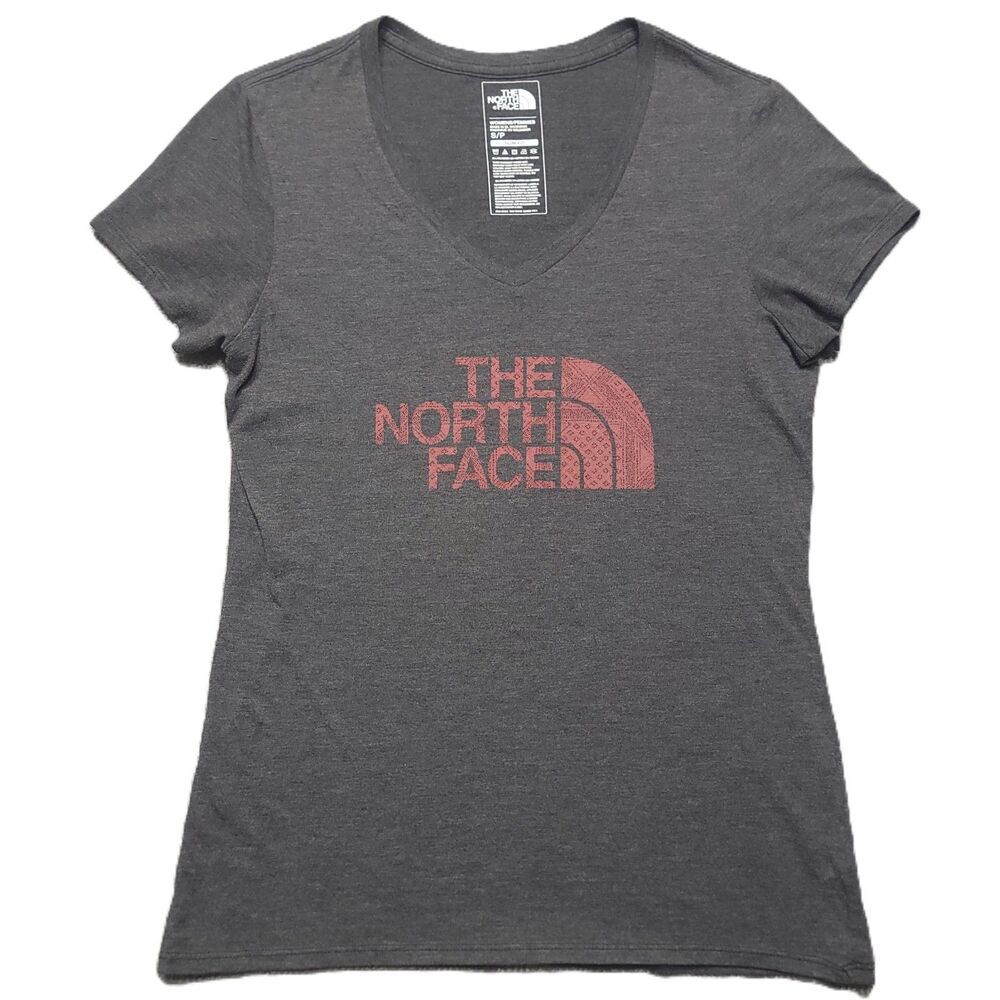 The North Face Womens S Top Slim Fit Gray V Neck Short Sleeve Logo T-Shirt